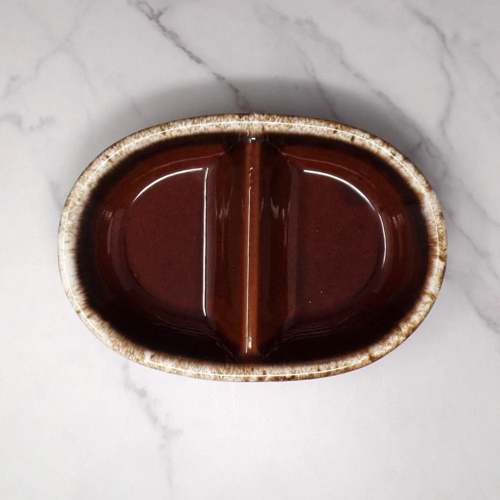 Vintage Hull Brown Drip Divided Platter or Serving Bowl, oven-safe, made in USA